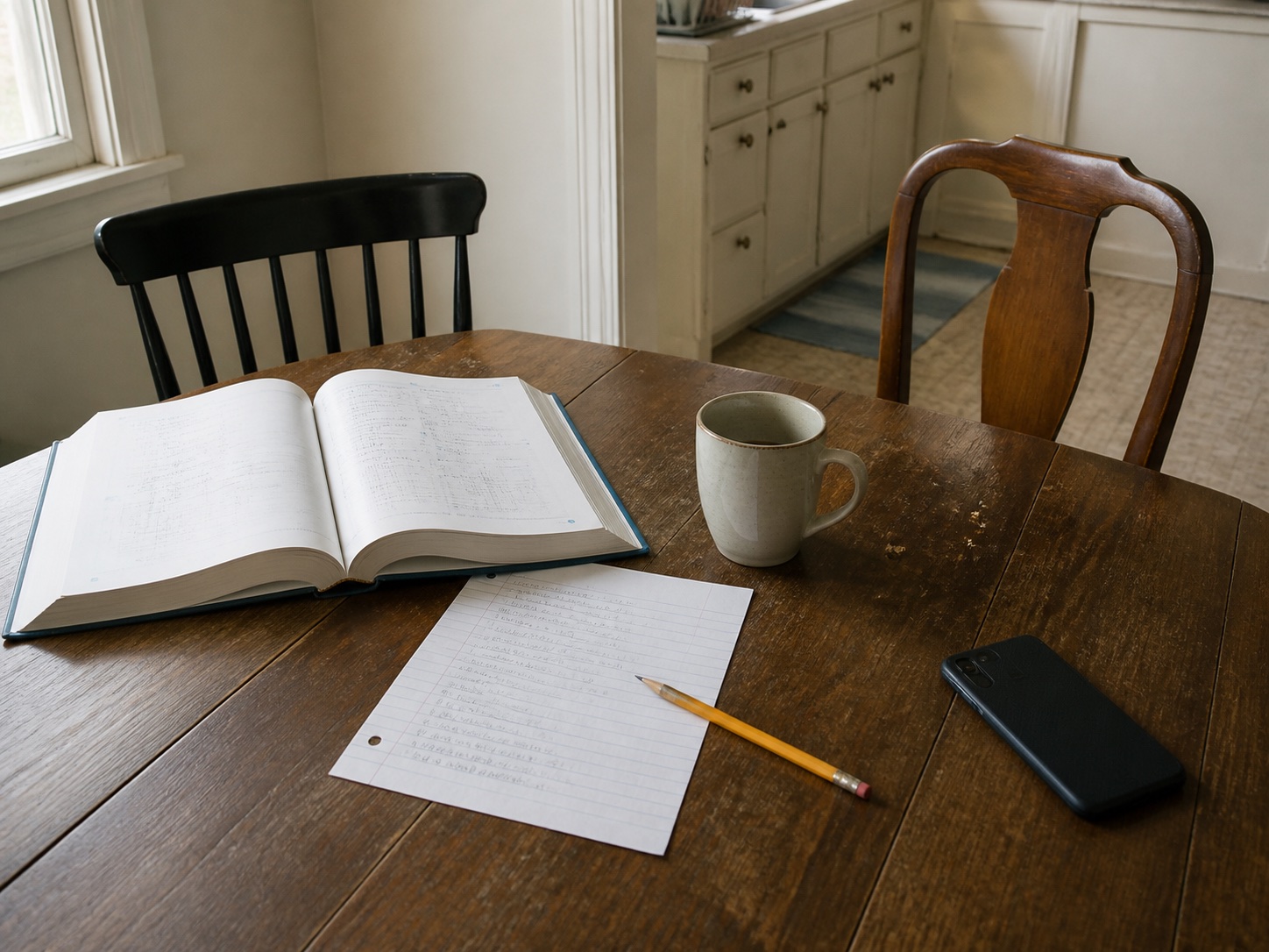 An open mathematics textbook, lined paper, pencil, mug and face-down phone on a worn kitchen table between two empty chairs.